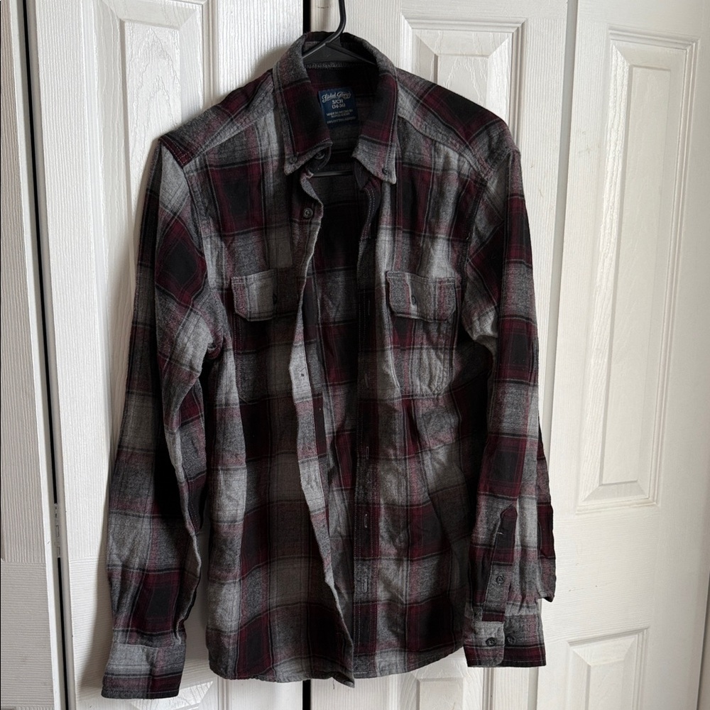 Gray and Red Plaid Flannel Shirt
